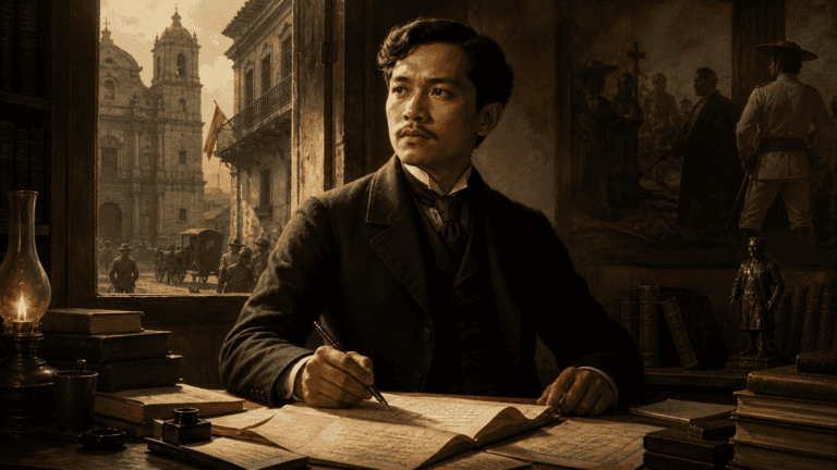Jose Rizal writing in a dim study with books and papers, while a colonial Philippine street and church appear through the window behind him.