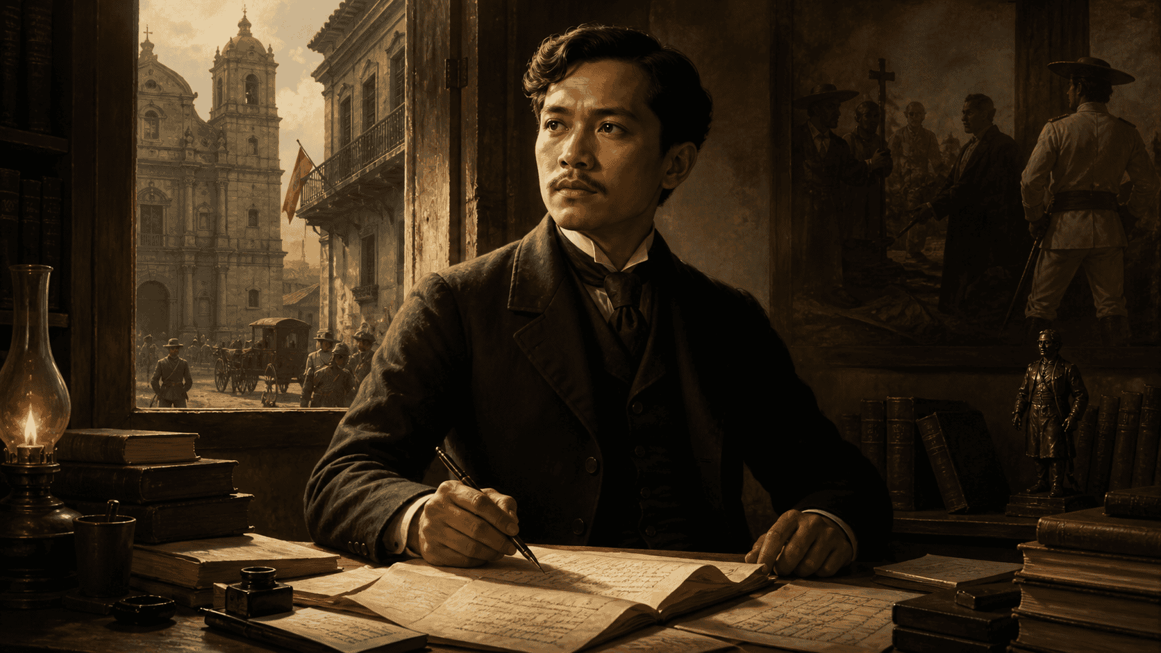 Jose Rizal writing in a dim study with books and papers, while a colonial Philippine street and church appear through the window behind him.