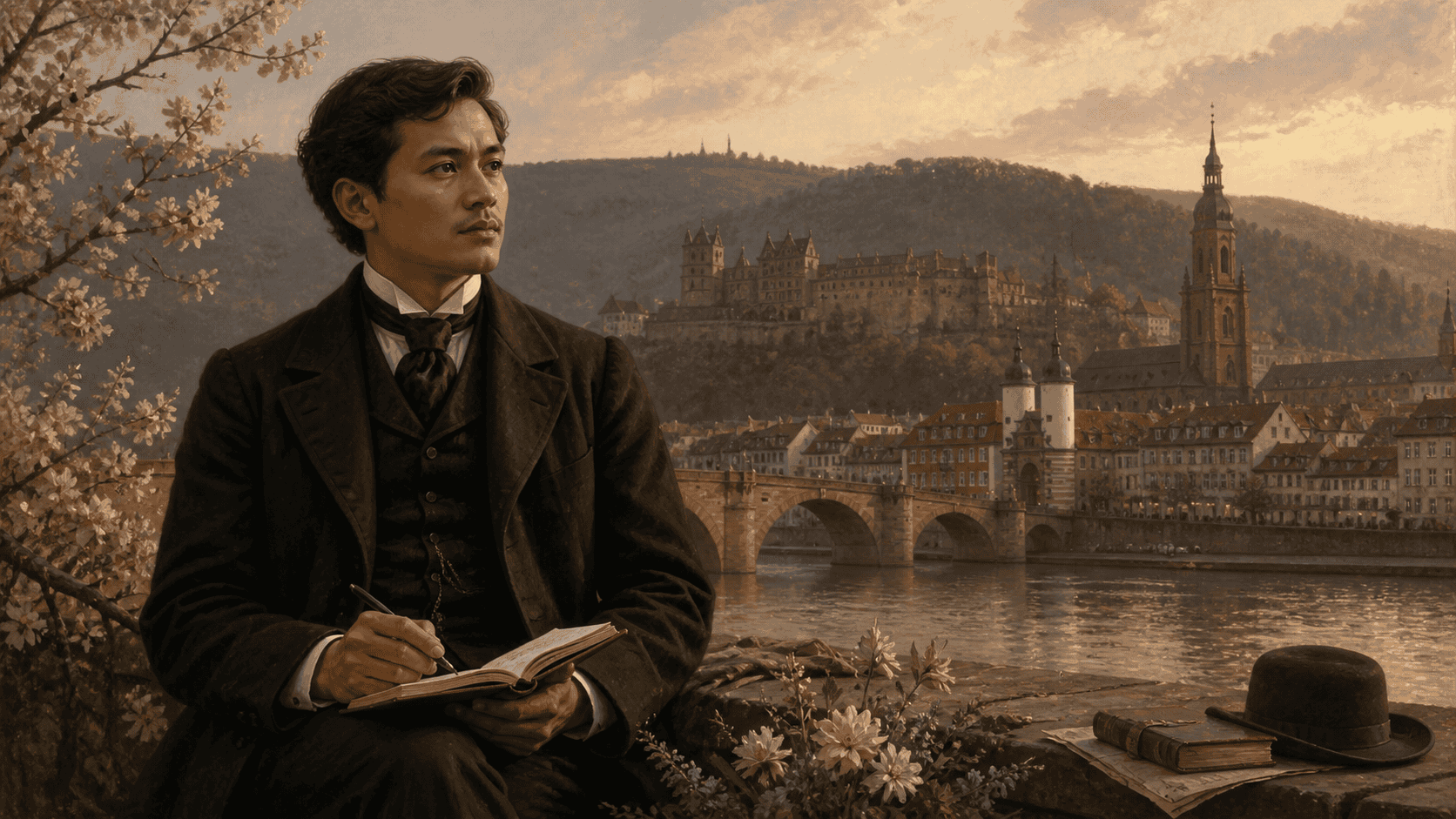 Jose Rizal writing beside the Neckar River in Heidelberg with the Old Bridge, castle, and spring flowers in the background.