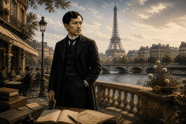 Jose Rizal standing beside the Seine in 19th-century Paris with the Eiffel Tower, books, and papers nearby.
