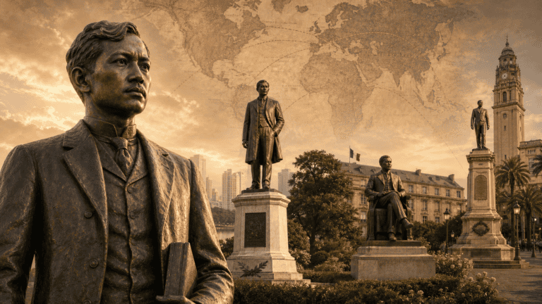 A montage of Jose Rizal monuments in different international settings with a world map in the background.