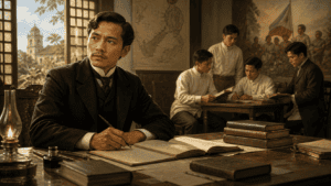 Jose Rizal writing in a historical study while young Filipino students read and discuss books in the background.