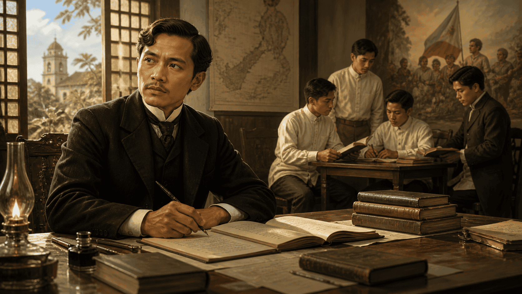 Jose Rizal writing in a historical study while young Filipino students read and discuss books in the background.