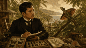 Jose Rizal studying natural specimens at a desk in a tropical setting, with a Draco rizali lizard perched nearby.